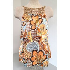 Vtg Cache 100% Silk Beaded Crochet Boho 70s‎ Tank Top MEDIUM Hippie Festival M